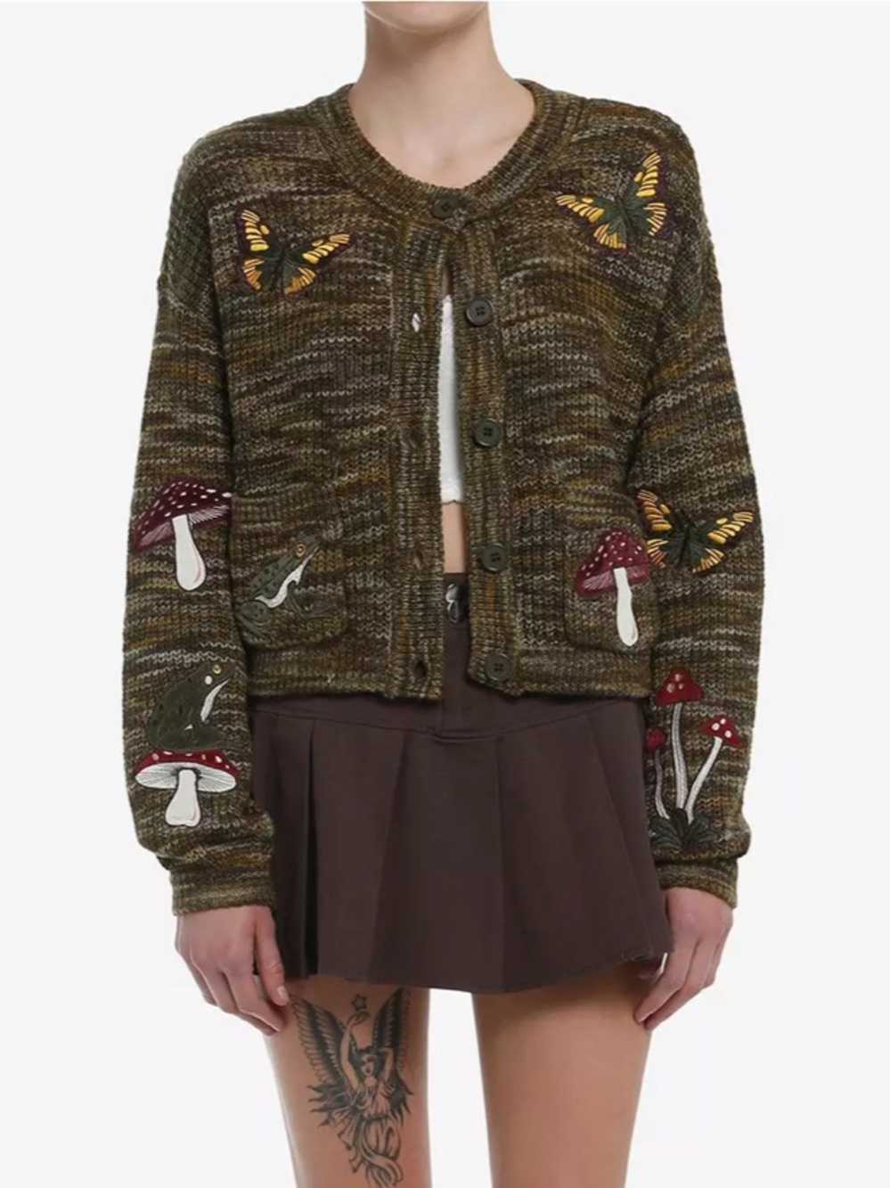 Thorn & Fable Hot Topic Mushrooms & Critters Green Cardigan
